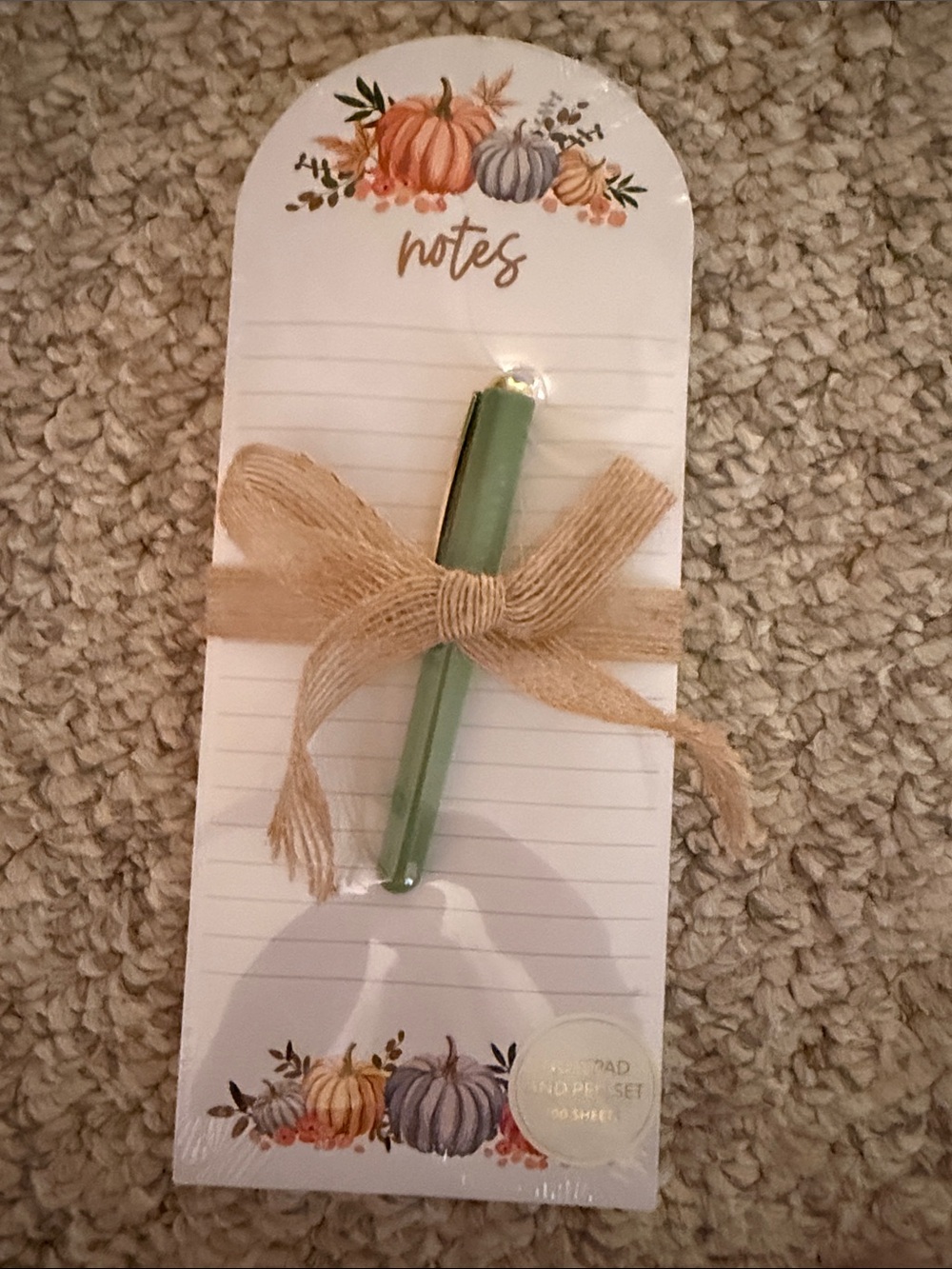 Eccolo Pumpkin Notes Notepad with Green Pen and Burlap Bow. 100 sheets